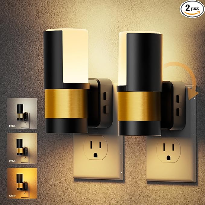 JandCase Plug in Night Light, Rotating Night Light with 3 Colors, 3000K/5000K/Amber, Dimmable Night Lights with Dusk to Dawn Sensor, 360°Rotatable, LED Nightlight for Bathroom Bedroom Hallway, 2 Pack