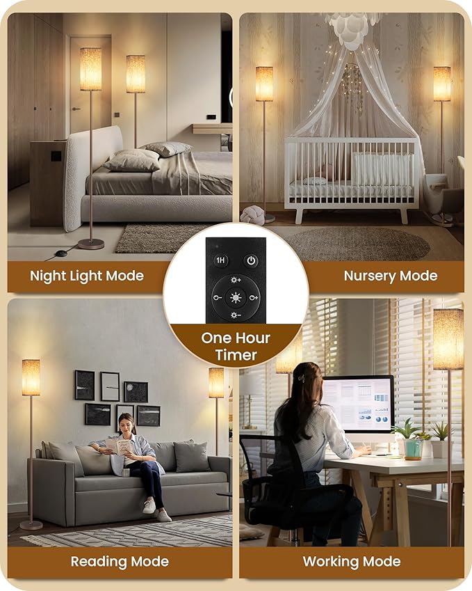 64.2'' Dimmable Floor Lamp for Living Room with Remote and Foot Switch, Corner Floor Lamp for Bedroom, Includes 10W A19 Bulb, Modern Standing Tall Lamp, ETL Listed Brown and Beige VE17LD05