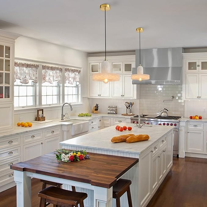 Alabaster Pendant Light for Kitchen Island, Modern Brass Hanging Light Fixture with Natural Alabaster Stone Shade, Adjustable Pendant Lighting Over Sink, Dining, Bar, Counter- 2 Pack