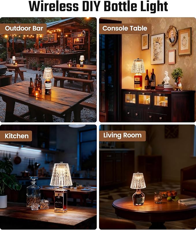 Wireless Bottle Lamp USB Rechargeable with Crystal Lampshade, 3-Color Touch Control Bottle Light Smooth Dimming, Wine Bottle Lamp for Bar Décor, Home, Kitchen & Party Lighting, 1-Pack