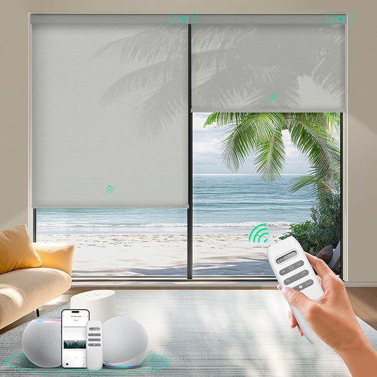 HeyBlinds Motorized Roller Shades, Smart Blinds for Windows, Remote Automatic Window Shades, Electric Shades, Light Filtering, Compatible with Alexa Google Apple Home (Simply-Light Gray LF)
