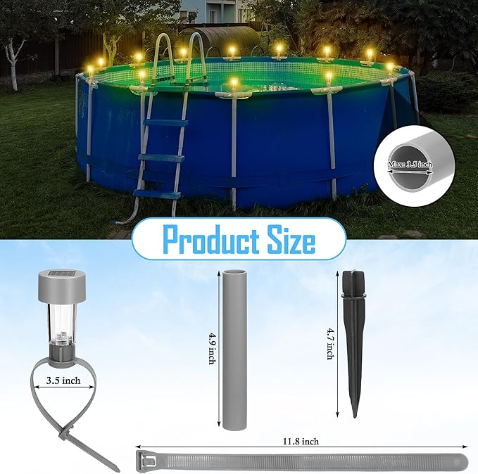 16 Pack Gray Solar Pool Lights for Above Ground Pools LED Solar Lights Warm Yellow Light Waterproof Above Ground Pool Light for Frame Pools Decoration Swimming Pools Night Accessories