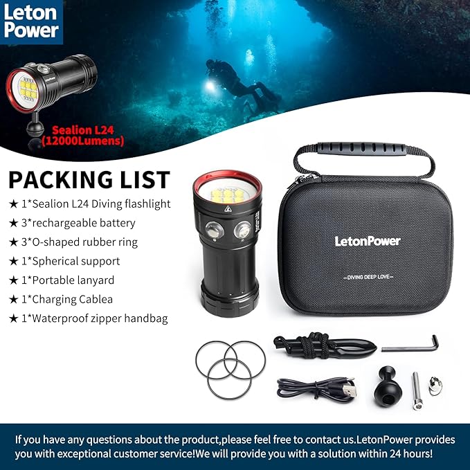 Diving Flashlight, L24 12000Lumens Dive Light,100m Underwater Video Light, Scuba Dive Lights, Underwater flashlights with Type-C Charging for Professional Under Water Sports