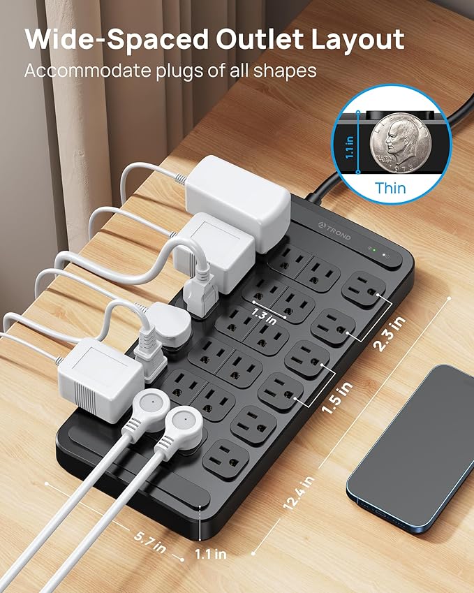 TROND Surge Protector Power Strip 360° Rotating Flat Plug, 24 AC Outlets, 4000 Joules, 15ft Heavy Duty Extension Cord 1875W, ETL Listed, Ideal for Gaming Office Home Dorm Room Essentials Black