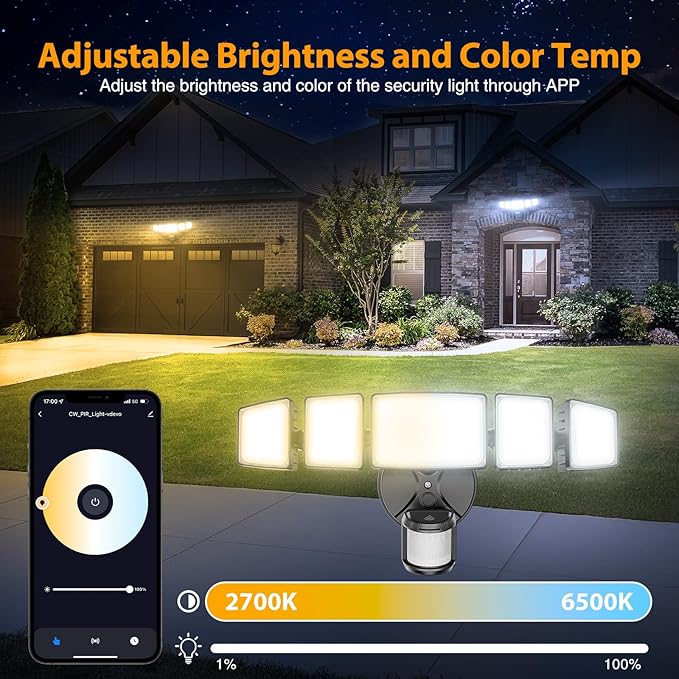 Onforu 5 Heads 120W 12000LM Smart LED Security Lights Motion Sensor Outdoor, APP Control 340° Illumination WiFi Alexa Flood Light 2700K-6500K Exterior Motion Detector, IP65 Wall Light for Yard, Black