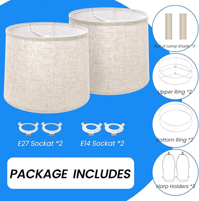 Modern Linen Lamp Shades Set of 2 with Harp, Drum Lamp Shade 11.4" Top x 12.6" Bottom x 9.8" High Lampshade Replacement for Table & Bedside Lamp, Beige