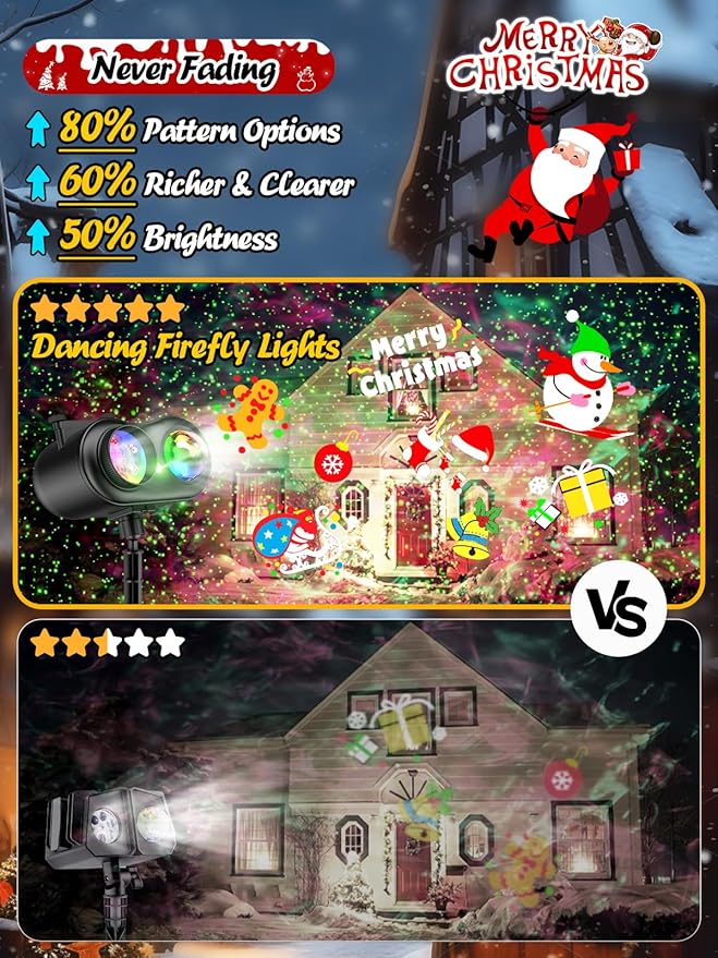 3 in 1 Christmas Projector Outdoor with Firefly & Ocean Wave Light, 160 HD Patterns Christmas Decor, 3D Dynamic Christmas Holiday Snowflake Projector Waterproof w/Timer for Outdoor Indoor Light Show