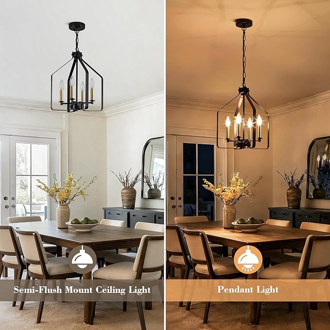 4-Light Black and Glod Chandelier, Geometric Farmhouse Cage Pendant Light, Adjustable Industrial Rustic Fixture for Dining Room, Kitchen Island, Entryway & Bedroom