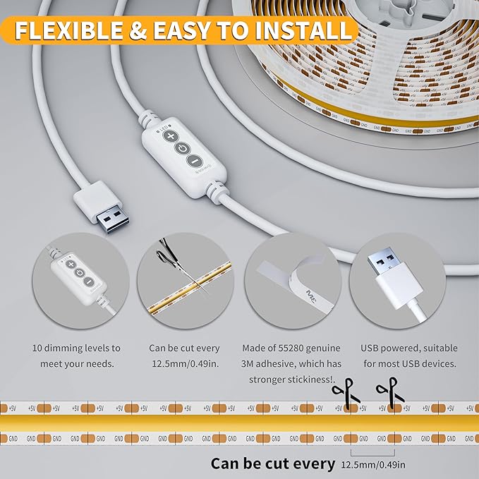 PAUTIX 5V USB LED Strip Light 6.56ft/2m, 640LEDs 1200lm Dimmable COB LED Strip 6000K Daylight White CRI90+ USB Powered Backlight for Sewing Machine,Mirror, Cabinet, Wardrobe, DIY Lighting Project