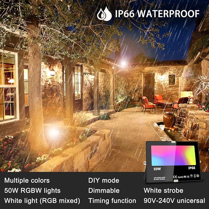 MELPO LED Flood Light Outdoor, 500W Equivalent 5000LM Smart RGB Landscape Lighting with APP Control, DIY Scenes - Timing - Warm White 2700K - Color Changing Uplight, IP66 Waterproof US Plug (4 Pack)