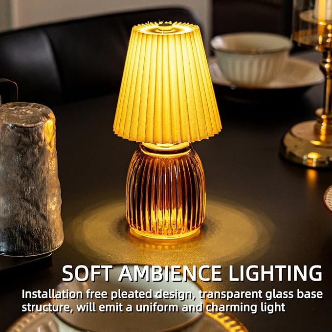 MJ Cordless Lamps with Timer 8.7 in High Battery Operated Pleated Lamp Shade for Home Decor Emergency Battery Powered Small Lamps for Livingroom Bedroom Home Decor Beige