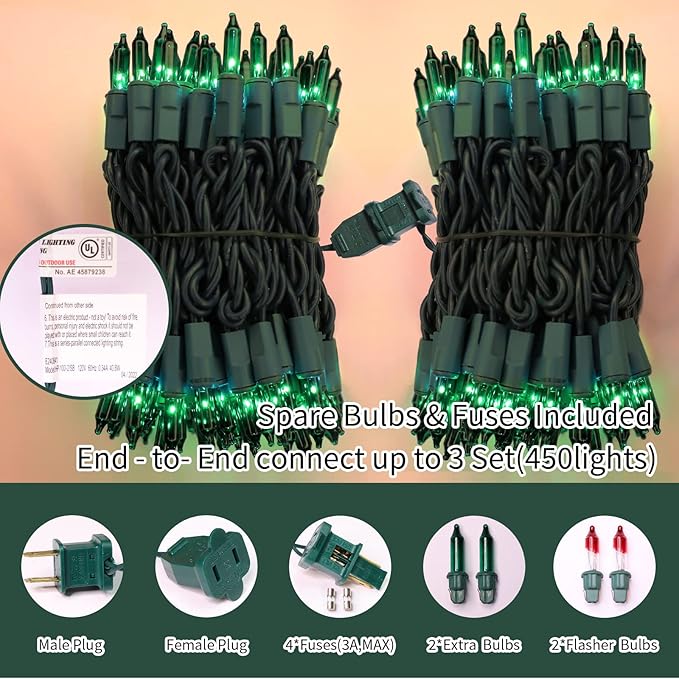 LAMPHOME St. Patrick's Day Mini String Lights,Green Christmas Lights 150Lights 31.9ft UL Certified Mini String Lights Set for Outdoor Christmas Tree Garden Party Patio Garland Decor