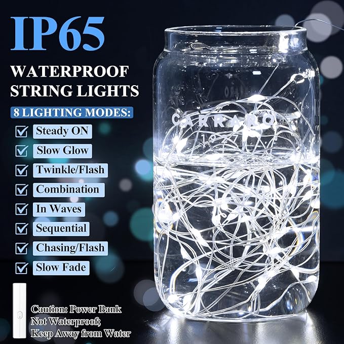 Lakumu 33FT 100LED Battery Operated Twinkle Lights Rechargeable, LED Fairy Lights with Timer & 8 Modes, Indoor String Lights for Bedroom, Dorm, Christmas Decoration, Parties, Wedding, Centerpiece
