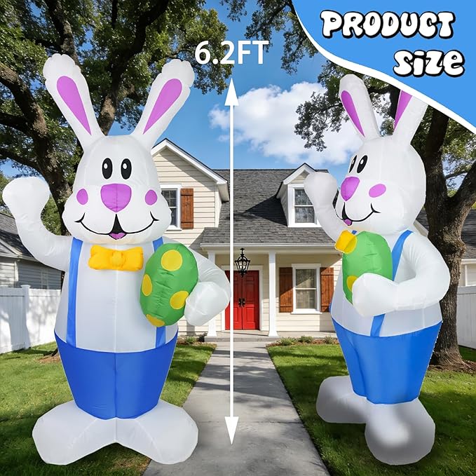 Dearsun 6.2FT Easter Inflatables Outdoor Decoration, Inflatable Bunny Blow up Outdoor Yard Decorations Giant Bunny Holding Easter Egg with LED Lights for Holiday Party Indoor Outdoor Décor