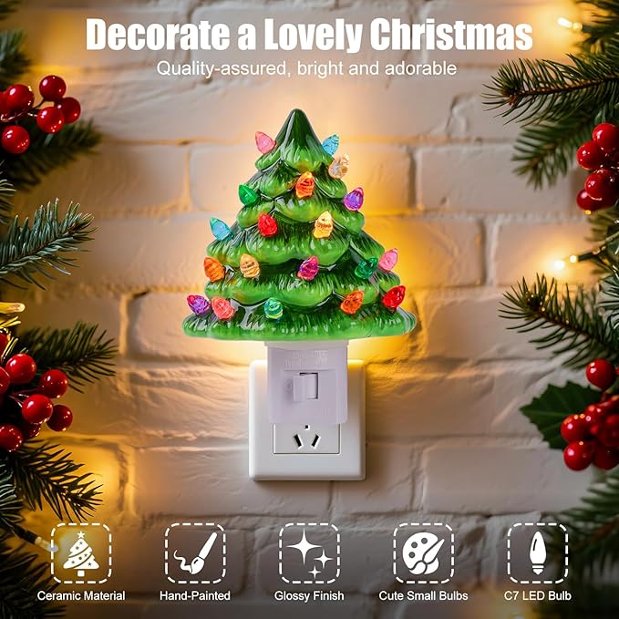 Brightown Ceramic Christmas Tree Night Light - 2 Pack 5.2" Christmas Decorative Ceramic Tree with ON/Off Switch, Vintage Christmas Night Light for Bedroom Bathroom Living Room Porch Holiday Decor