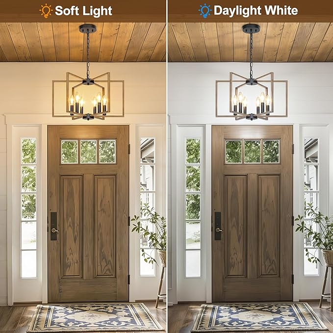 6 Light Farmhouse Chandelier, Dining Room Light Fixture with Wood Grain Painted, Metal Geometric Ceiling Light Rustic Hanging Pendant Lights with E12 Base for Kitchen Island Entryway Foyer, Indoor