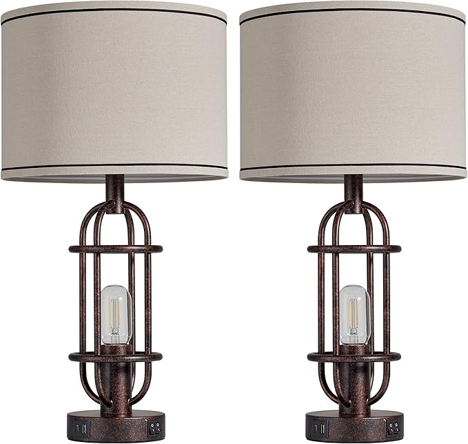 22.3" Table Lamps for Living Room Set of 2, Farmhouse Lamps for Nightstand, Vintage Table Lamps for Bedroom with USB Ports, Bulbs Included