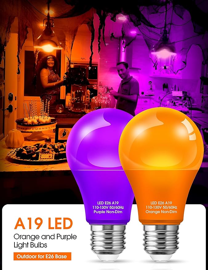 Orange Light Bulbs Purple Light Bulbs [4 Pack] - A19 LED Orange Bulb Purple Bulb 9W (60W Equivalent) - E26 Base Outdoor for Halloween Party Porch Holiday Decor