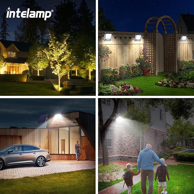 intelamp Solar Lights Outdoor, 4400mAh Solar Powered Flood Lights, Security Floodlight Dusk to Dawn Auto On/Off IP65 Waterproof for Wall Porch, Balcony, Yard, Garage Barn, Garden, Lawn