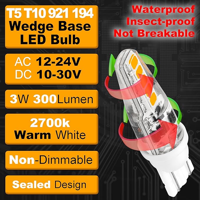 T10 Wedge Base Landscape 194 921 LED Light Bulb 2700K Warm White 3W Equivalent 15W 20W Low Voltage AC/DC12V-24V T5 LED Bulb for Landsacpe Garden Deck RV Camper Marine Boat Dome Lighting, 8 Pack