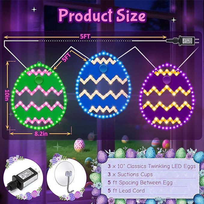 3 Pack 10" Easter Classics Twinkling LED Eggs, Hi Vibrant Aluminum Frame Eggs Spring Window Silhouette LED Lights, Holiday Waterproof Indoor Outdoor Decoration