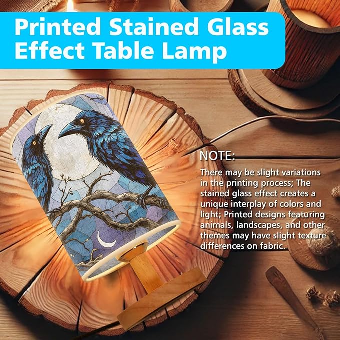 Raven and Crow Table Lamp LED 3-Color Pressed Bedside, Raven and Crow Shade Lamp with Wood Base for Bedroom Living Room Desk Office TL01