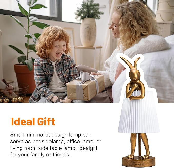Bunny Cordless Table Lamp with 5000mAh Battery,Rechargeable Resin Rabbit Lamp with Pleated Shade Stepless Dimmable LED Small Cute Animal Light for Kids Room Home Decor Adult Gift(Pattern)