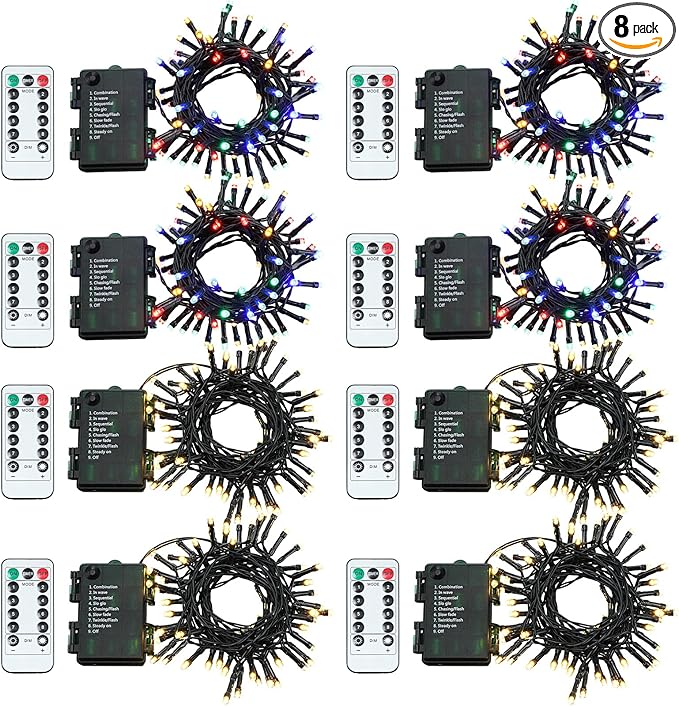 Tuanse 8 Pack Battery Operated Outdoor Christmas Tree String Lights,16.4 ft Mini Light Outdoor Christmas Lights with 50 Led of Dark Green Cable Lighting for Bedroom Garden Yard (RGB Flashing Light)