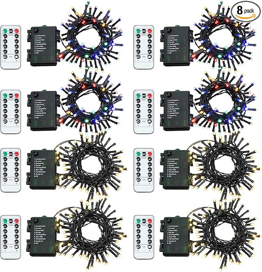 Tuanse 8 Pack Battery Operated Outdoor Christmas Tree String Lights,16.4 ft Mini Light Outdoor Christmas Lights with 50 Led of Dark Green Cable Lighting for Bedroom Garden Yard (RGB Flashing Light)