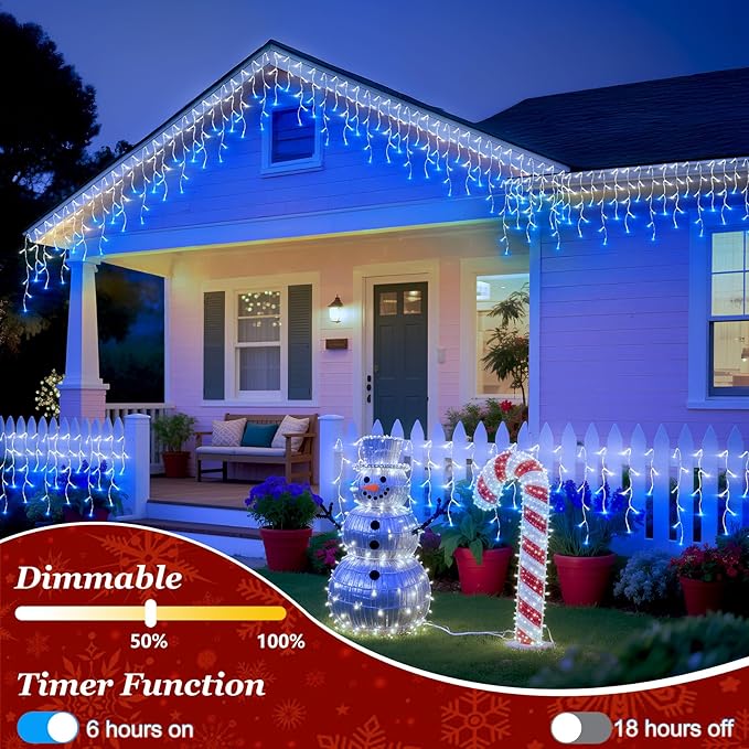 612 LED String lights Indoor Outdoor, 60ft Christmas Window Lights with 136 Drops 12 Modes, Dimmable Curtain Lights, Fairy Lights for Bedroom Holiday Wedding Party Home Decorations, Blue & White