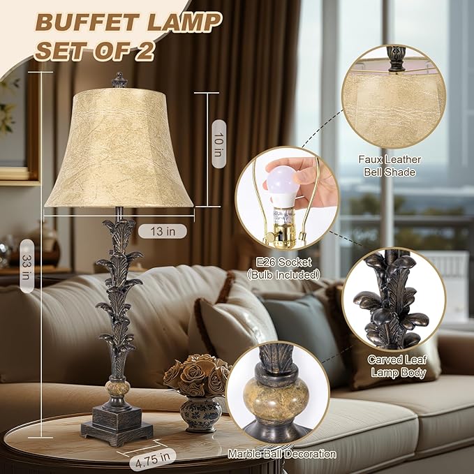 Table Lamps Set of 2 for Living Room, 33'' Tall Bedside Table Lamps with 3 Way Dimmable Bulbs, Farmhouse Buffet Lamps with Laux Leather Shades, Vintage Brown Desk Lamps for Nightstand Bedroom Office