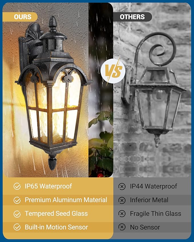 DEWENWILS Motion Sensor Outdoor Wall Lights, 2-Pack Dusk to Dawn Exterior Lantern Fixture, Roman Vintage Wall Mount Waterproof Porch Light, Water Ripple Glass, for Front Door Garage Patio