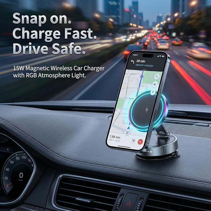 Vacuum Magnetic Phone Charging Holder Mount 15W Fast Wireless Charger for Car Magsafe 360° Adjustable Phone Holder with Nano Gel Suction Cup for iPhone 12-17 Pro Max (K3)