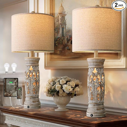 BOBOMOMO 27.25” Rustic Farmhouse Table Lamps Set of 2 – Vintage Bedside Lamps with Night Light & USB A+C Ports, Retro Lamps for Bedroom, Living Room, Entryway, Cozy Corner (Bulbs Included)