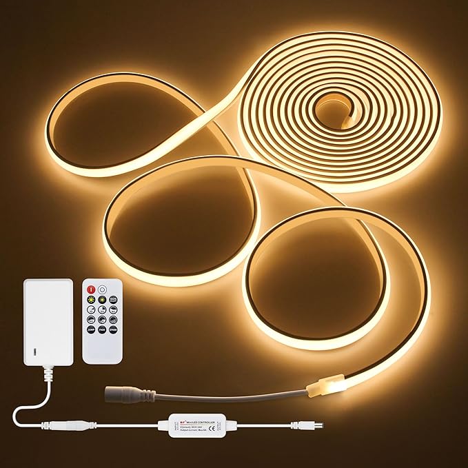 5M LED Light Strip 24V 16.4FT COB LED Strip Light with Remote Warm White Tunable LED Tape Light 3000K 320LEDs/M High Density Waterproof LED Rope Light Outdoor Includes Adapter for Cabinet