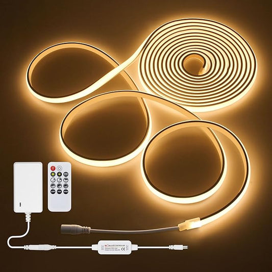 5M LED Light Strip 24V 16.4FT COB LED Strip Light with Remote Warm White Tunable LED Tape Light 3000K 320LEDs/M High Density Waterproof LED Rope Light Outdoor Includes Adapter for Cabinet