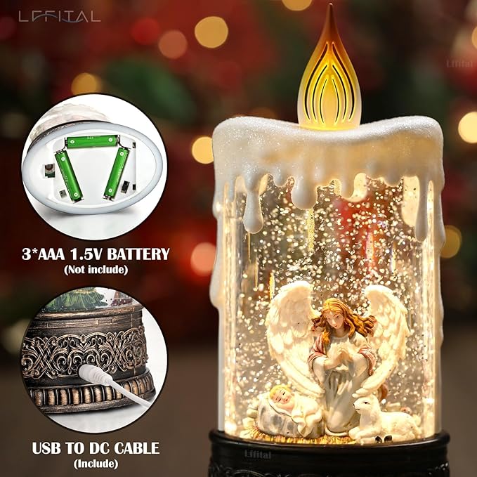 Angel Christmas Snow Globe Lantern, Nativity Lighted Christmas Decorations for Home Candle Shaped Snow Lantern with Music Timer Glittering, Home Decor Festival Gife, USB & Battery Operated