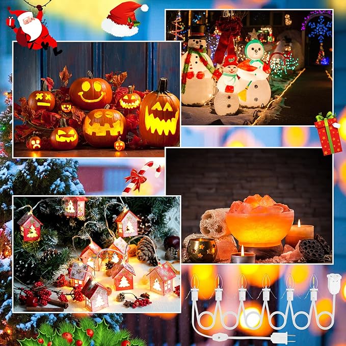 2Pack Accessory Cord with 12 LED Light Bulbs and Outlet Christmas Village Light 11.6FT White Cord with Spare Fuse Warm White C7 Lamp for Halloween Pumpkins Christmas Village Houses Craft Decoration