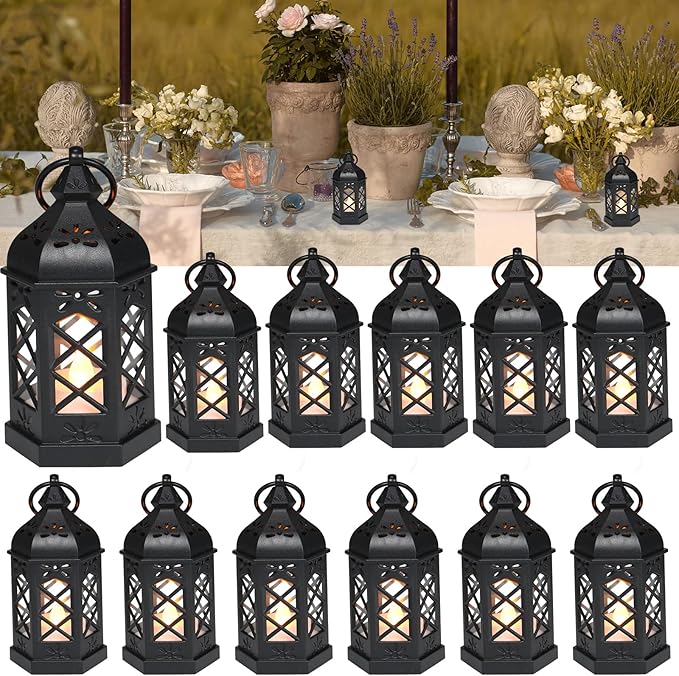 LLQ 12Pcs Mini Lantern with LED Candle, Small Black Lanterns Decorative for Halloween Decorations, Christmas Table Centerpiece, Flickering Candle Holders for Diwali Wedding Medieval Decor, Ornaments