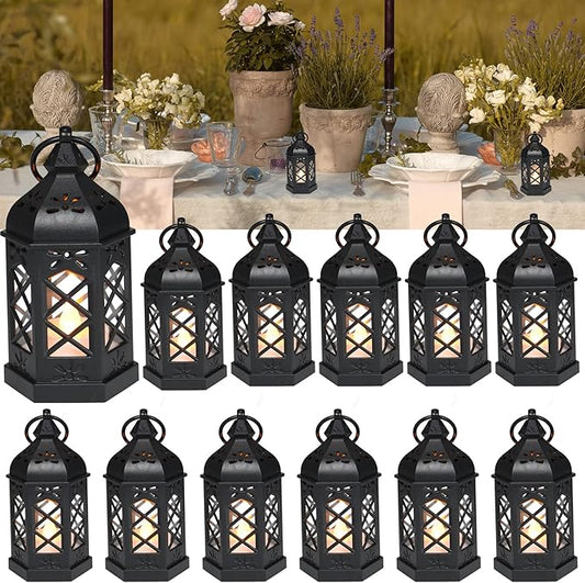 LLQ 12Pcs Mini Lantern with LED Candle, Small Black Lanterns Decorative for Halloween Decorations, Christmas Table Centerpiece, Flickering Candle Holders for Diwali Wedding Medieval Decor, Ornaments