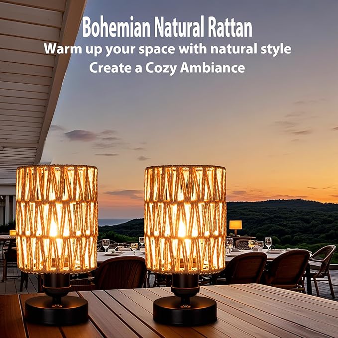 Cordless Rechargeable Outdoor Table Lamps, Battery Operated Table Lamp, Stepless Dimmable for Patio, Living Room, and Bedroom (Bulb Included) - Set of 2 (Beige)