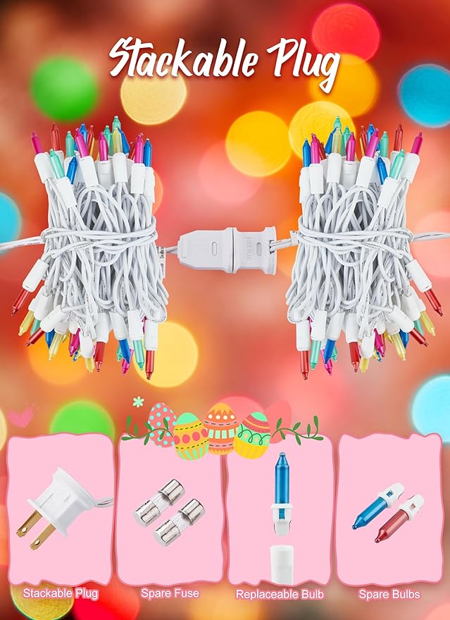Brightown Easter Decorations Mini String Lights, 50 Count 12 Feet Easter Mini Lights, Waterproof String Light Plug in for Indoor Garland Party Christmas Tree Festival, Pink + Multicolor