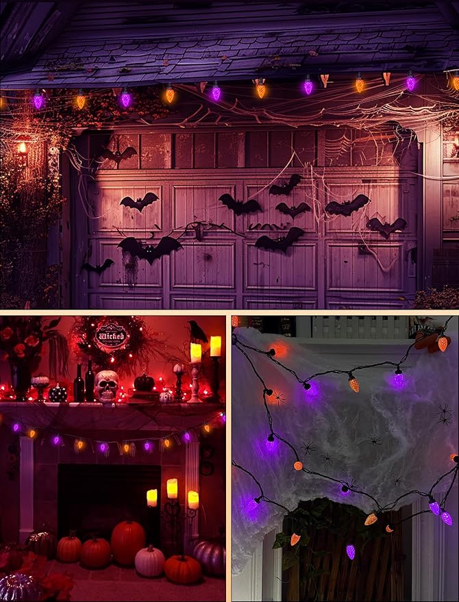 26FT Halloween String Lights Outdoor, 50 C7 LED Orange and Purple String Lights Waterproof, Plug-in Halloween Patio Decorative Lights for Indoor Roofline Backary Porch House Holiday Party Decor