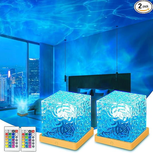 Ocean Wave Projector Light, 16 Colors Luminorthe Cube Lamp, 3D Holographic Water Ripple Lamp with Remote Control, Night Light for Bedroom, Home, Party Mood Lighting (2 Pack)