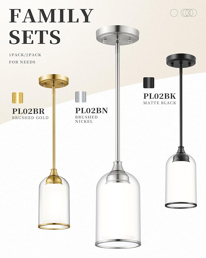 LIROUVET 2 Pack Pendant Light Fixtures, Modern Dual Glass Pendant Lights, Brushed Nickel Hanging Light with Clear and Milk Glass, Pendant Lights Kitchen Island for Dining Room PL02BN-2PK
