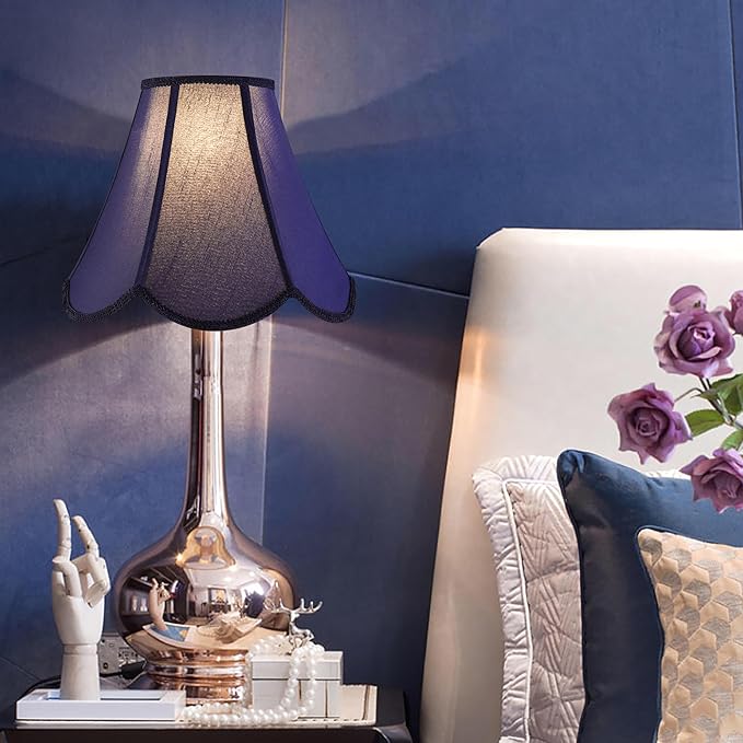 GO&SO Navy Blue Lamp Shade Rayon Silk Bell Lamp Shades 2pc -Petal Edge Braid Scalloped Lamp Shade Medium,6"Top x 13"Bottom x 10.6"Vertical Height (Spider) Floor Lamp Shade Replacement -Easy Assembly
