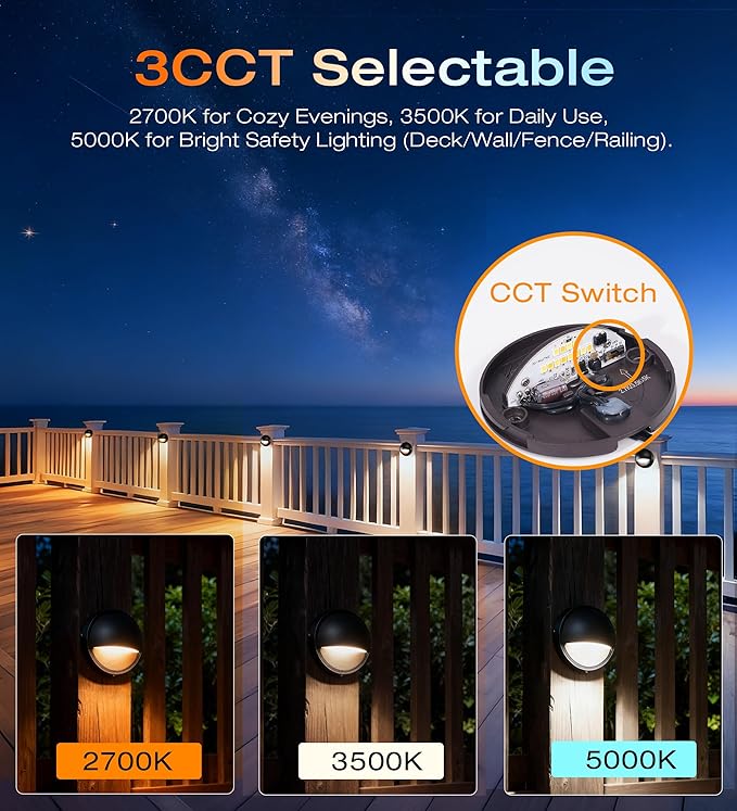 CLOUDY BAY [6 Pack] 3CCT Low Voltage LED Deck Lights Outdoor,2700K/3500K/5000K Selectable,Landscape Step Stair Railing Fence Light Wired,3W,12V-24V AC/DC,Bronze