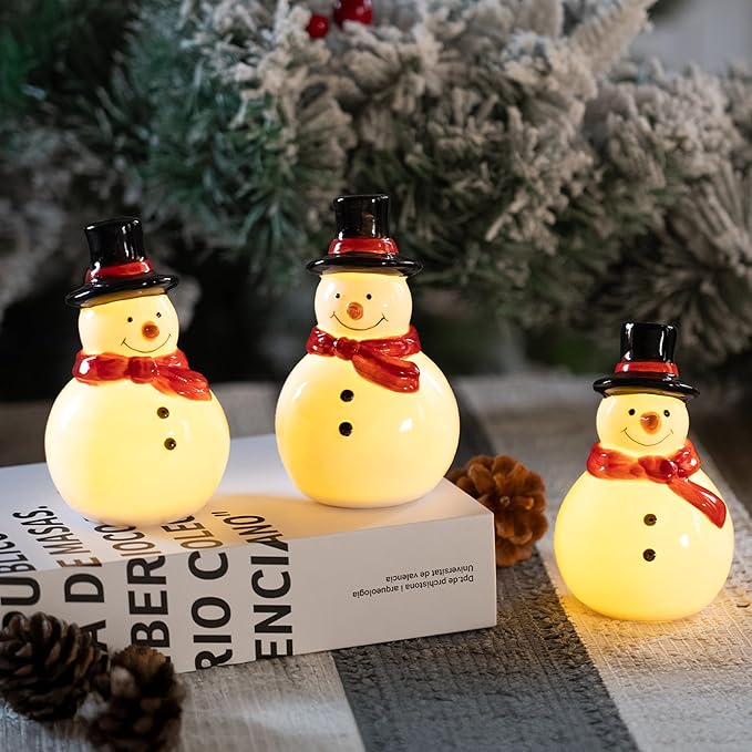NEROSUN Christmas Snowman Figurines, 3 Pack Ceramic Cute LED Lighted Snowman Tabletop Christmas Decorations, Light Up Table Ornaments for Indoor Cabinet Mantel Fireplace Winter Xmas Decor