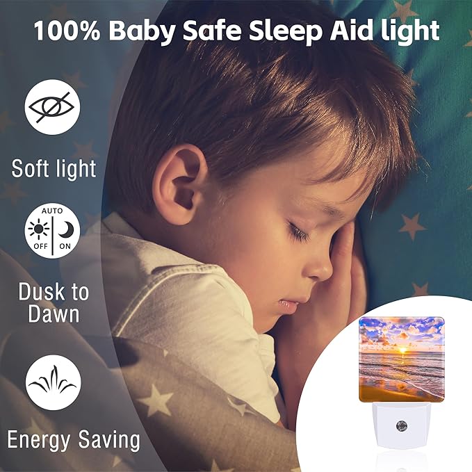 Sunset at Sea Night Light for Kids, Beach and Ocean Waves Night Light Plug in with Dusk to Dawn Sensor, 0.5w Energy Saving Sleep Friendly Nightlight for Hallway Stairway Kitchen Bedroom