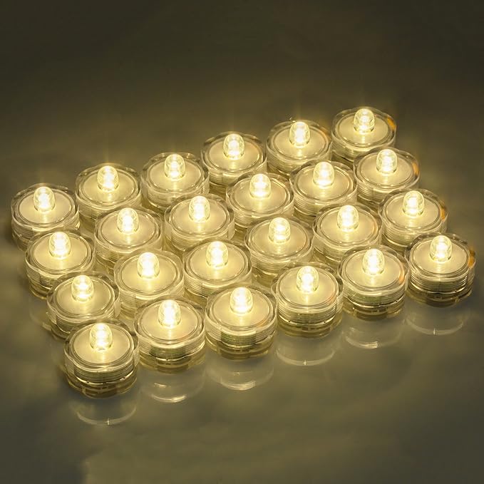 Submersible LED Lights, Waterproof Wedding Underwater LED Tea Lights Candles for Centerpieces/Party/Christmas Set of 24, Warm White